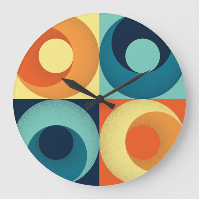 Retro-Quadrate und Kreise: Muster der 60er Jahre Große Wanduhr (Vorderseite)