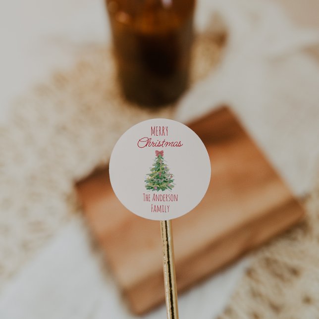 Retro Quirky Green Red Christmas Bow Tree farbenfr Runder Aufkleber (Von Creator hochgeladen)