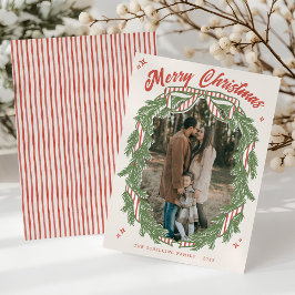 Retro Quirky Hand Drawn Wreath Bow Photo Christmas Feiertagskarte