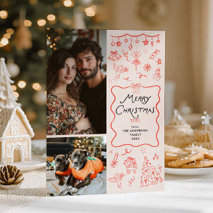 Retro Quirky Red Hand Drawn Frohe Weihnachts-Foto Feiertagskarte