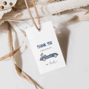 Retro Race Car Navy Blue Gift Tag Geschenkanhänger
