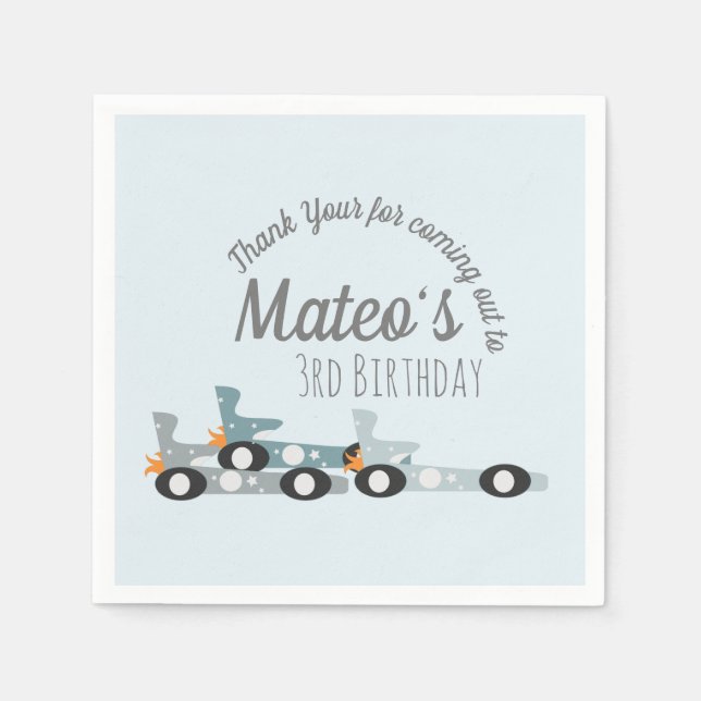 Retro Racing Cars Moon Stars Dritter Geburtstag Serviette (Vorderseite)