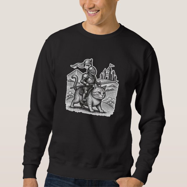Retro Radierung Ritter reitet Katze – Mittelalter  Sweatshirt (Vorderseite)