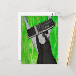 Retro-Radio-Wecker Frau auf grüner Collage Postkarte