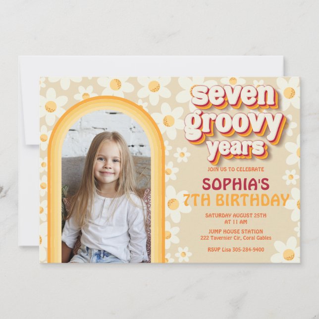 Retro Rainbow 7. Foto Geburtstagsparty Einladung (Vorderseite)