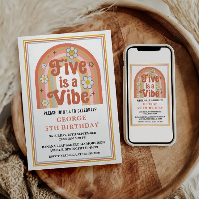Retro Rainbow FIVE is a Vibe Groovy 5. Geburtstag Einladung (Von Creator hochgeladen)