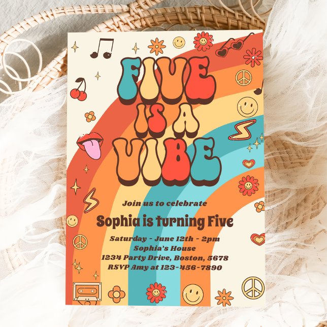 Retro Rainbow Five ist ein Vibe Groovy 5. Geburtst Einladung (Von Creator hochgeladen)