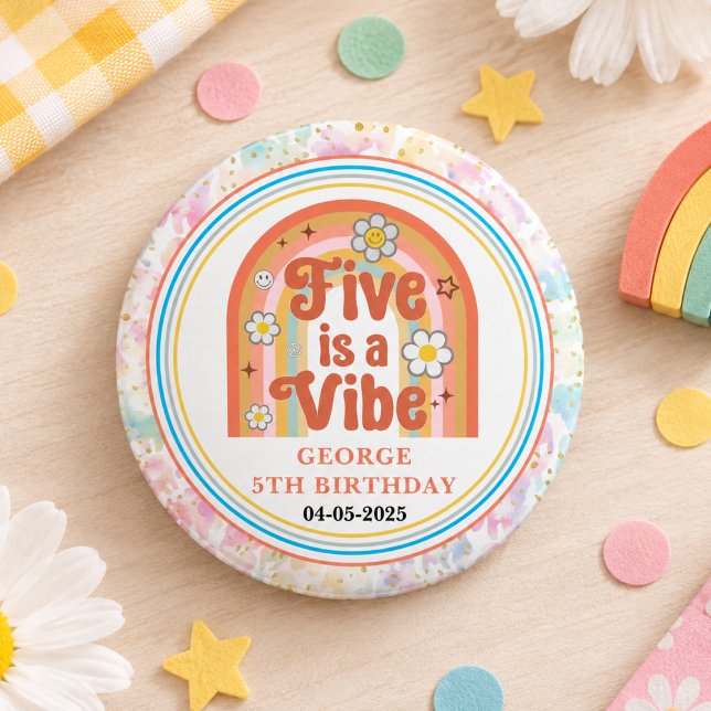 Retro Rainbow FIVE ist eine Stimmung Groovy 5. Geb Button (Retro Rainbow FIVE is a Vibe Groovy 5th Birthday Button)