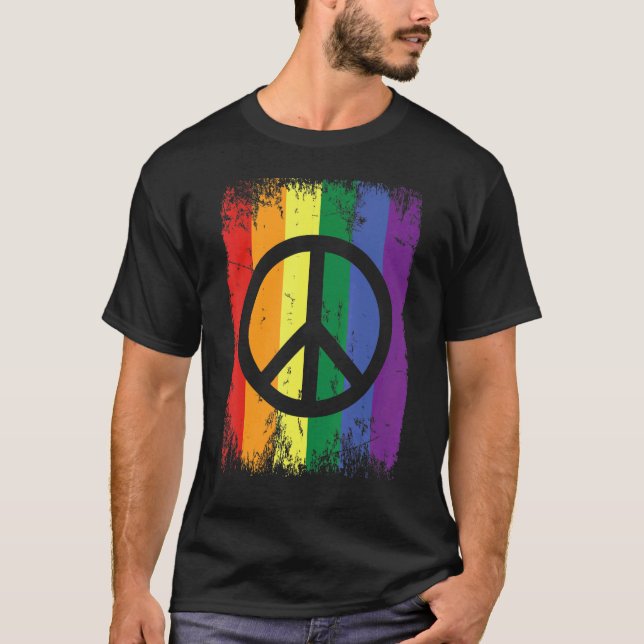 Retro Rainbow Flag Peace Sign Gay Lesbian Lgbt Pri T-Shirt (Vorderseite)