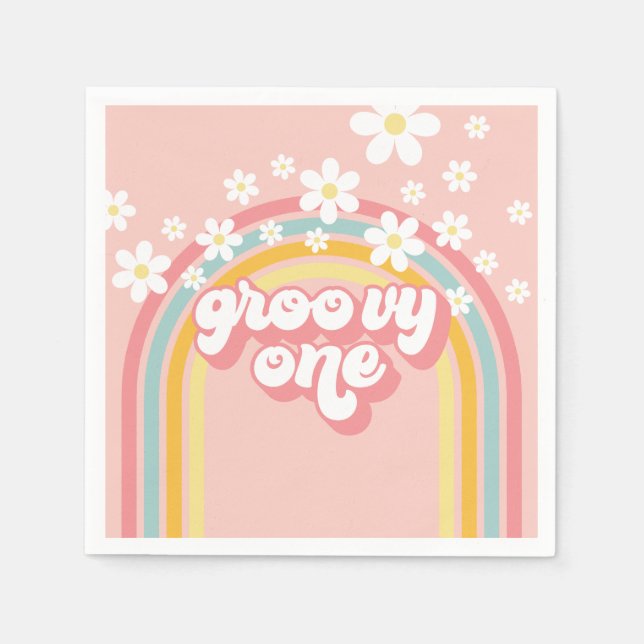 Retro Rainbow Groovy 1. Geburtstag Serviette (Vorderseite)