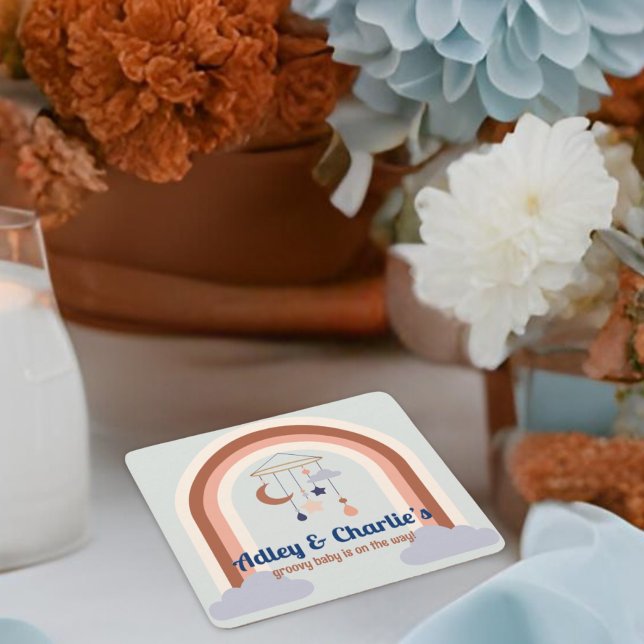 Retro Rainbow Groovy Baby Gender Neutral Dusche Rechteckiger Pappuntersetzer (Von Creator hochgeladen)