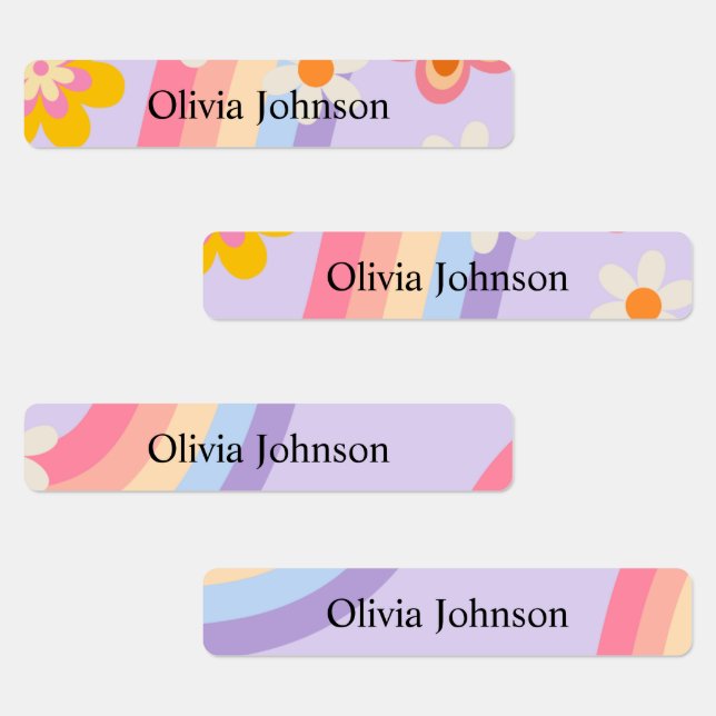 Retro Rainbow groovy Kids Waterproof Name Labels Etiketten (Gruppe)