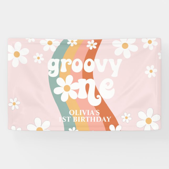 Retro Rainbow Groovy One Daisy 1. Banner (Horizontal)