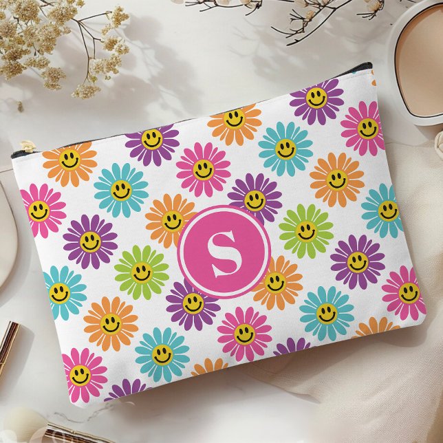 Retro Rainbow Happy Daisy Pattern Mit Monogramm Zubehörtasche (Von Creator hochgeladen)