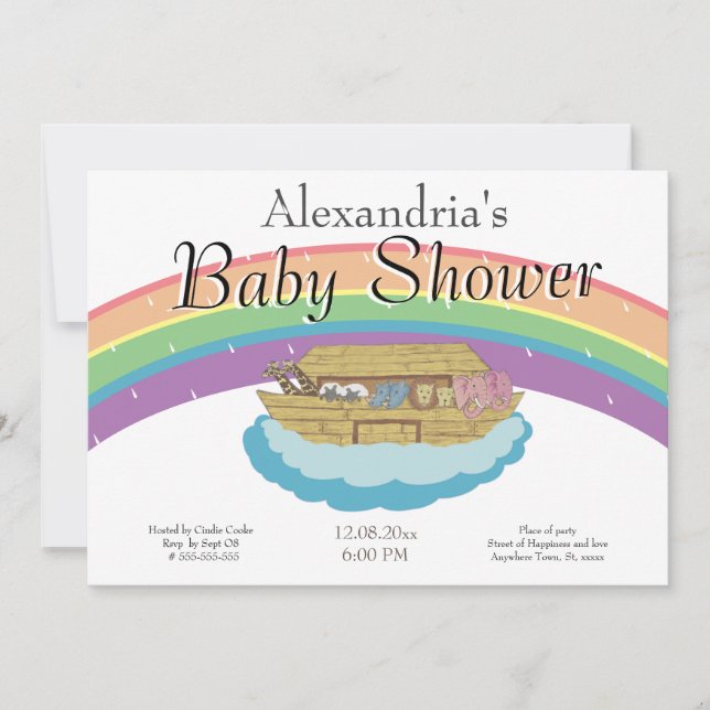 Retro Rainbow Noahs Ark Baby Shower Einladung (Vorderseite)