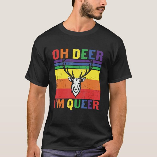 Retro Rainbow Oh Deer Ich bin Que Lesbian Gay Lgbt T-Shirt (Vorderseite)
