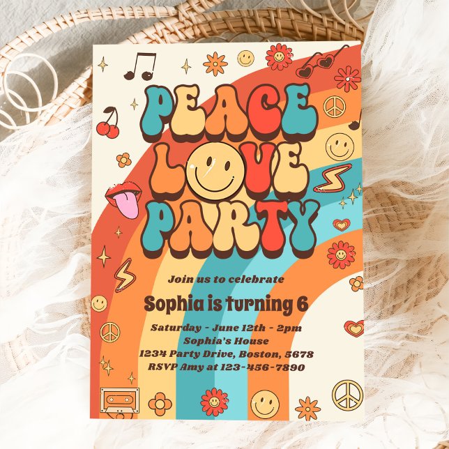 Retro Rainbow Peace Liebe Party 6. Geburtstag Einladung (Von Creator hochgeladen)