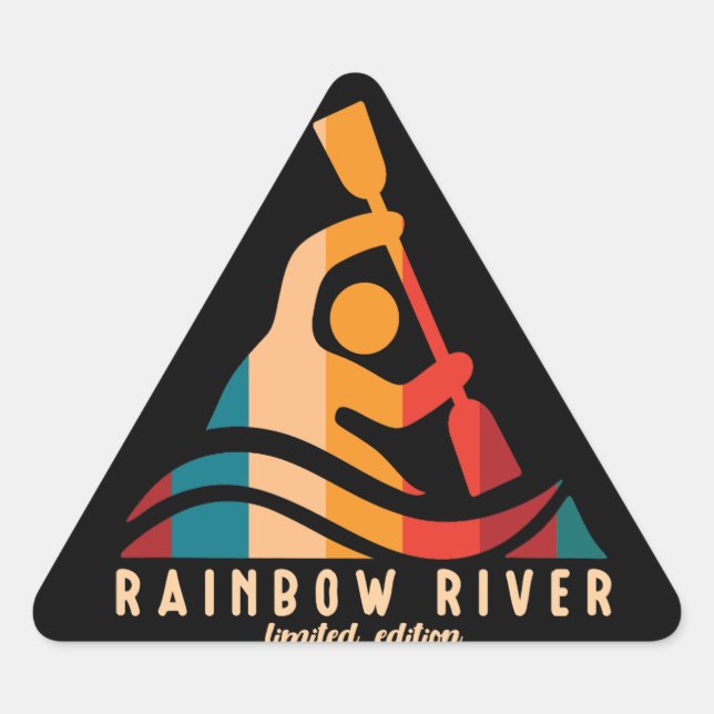Retro Rainbow River Kayaking Dreieckiger Aufkleber (Vorderseite)