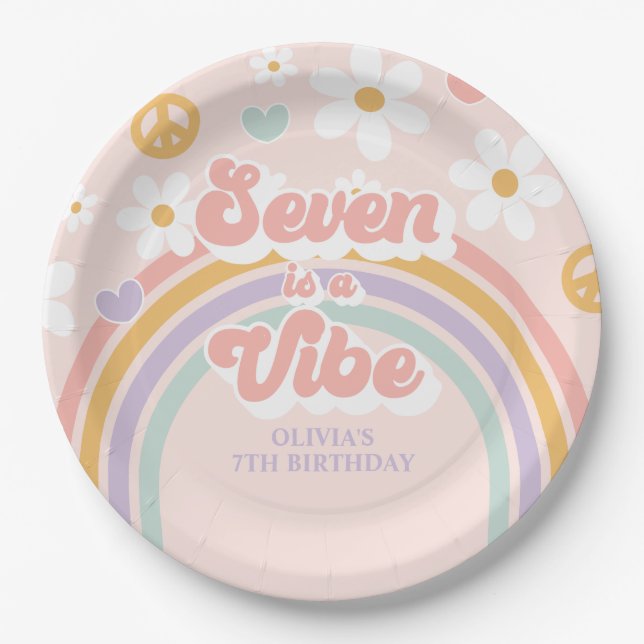 Retro Rainbow Seven ist ein Vibe 7. Geburtstag Pappteller (Vorderseite)
