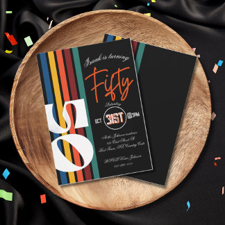 Retro Rainbow Striped “Fifty” Birthday Invitation Einladung