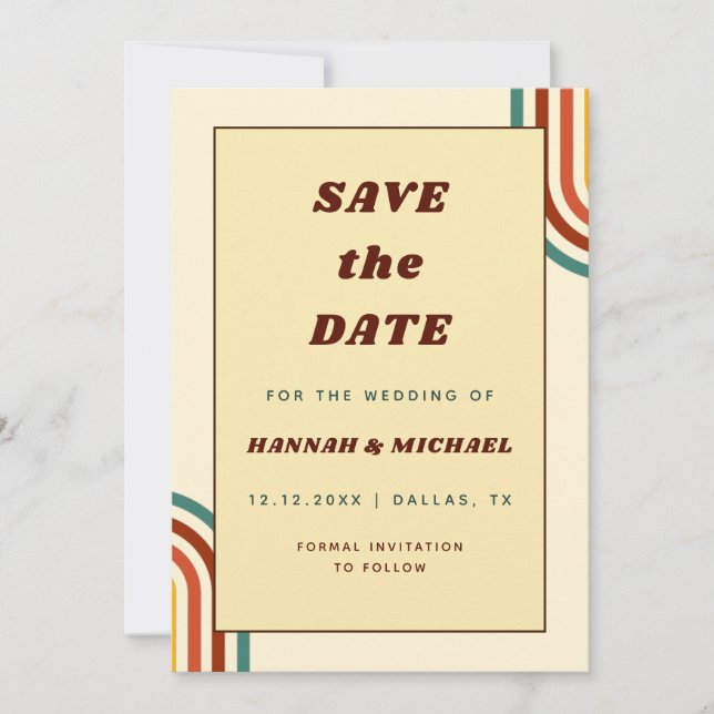 Retro Rainbow Stripes Seventies 1970s Gelb Save The Date (Vorderseite)