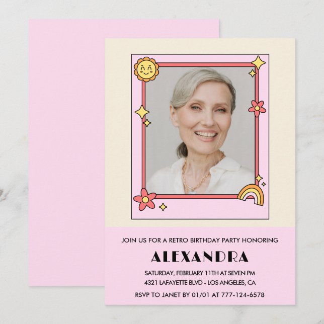 Retro Rainbow Sun Foto Pink 72. Geburtstag Einladung (Vorne/Hinten)