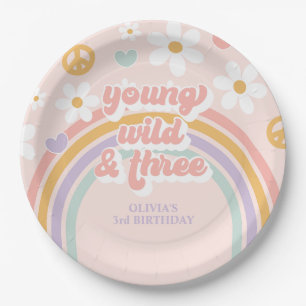 Retro Rainbow Young Wild 3. Geburtstag Pappteller