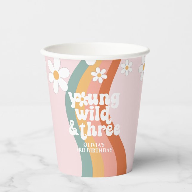 Retro Rainbow Young Wild Three Daisy Pappbecher (Vorderseite)