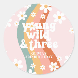 Retro Rainbow Young Wild Three Daisy Runder Aufkleber