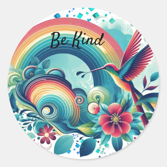 Retro Rainbows Hummingbird Kindness Round Sticker (Vorderseite)