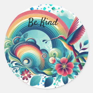 Retro Rainbows Hummingbird Kindness Round Sticker