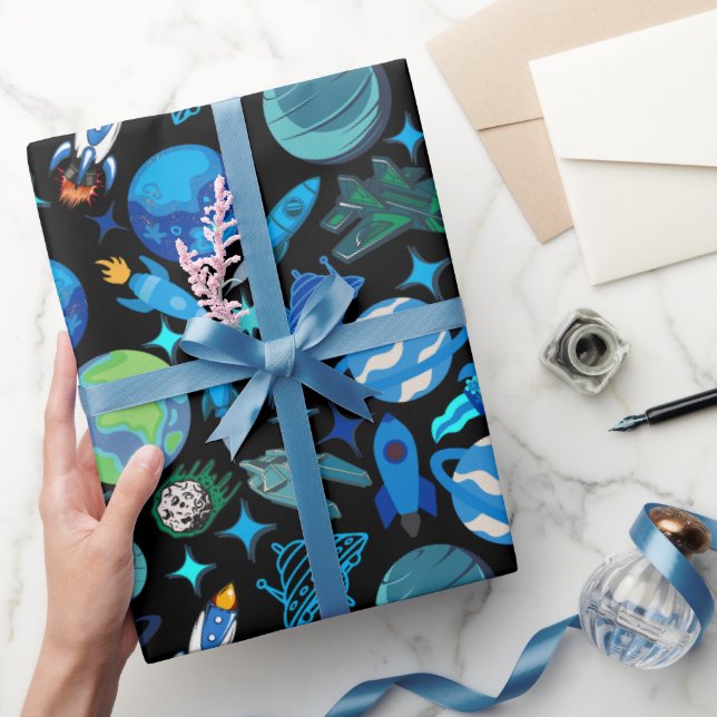 Retro-Raketen im Weltraum.Schwarze BG Geschenkpapier (Schenken)