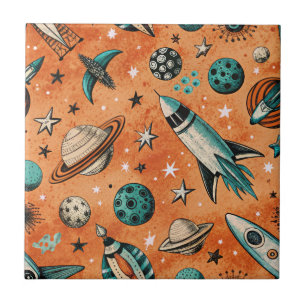 Retro-Raketen-Weltraummuster Terrakotta Türkis Fliese