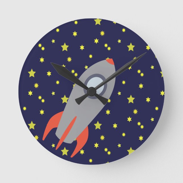 Retro-Raketenschiff mit Hintergrundbild des Sternm Runde Wanduhr (Vorderseite)