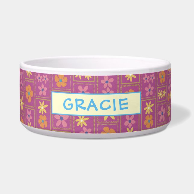 Retro Raspberry Patchwork Floral Custom Large Dog Napf (Vorderseite)