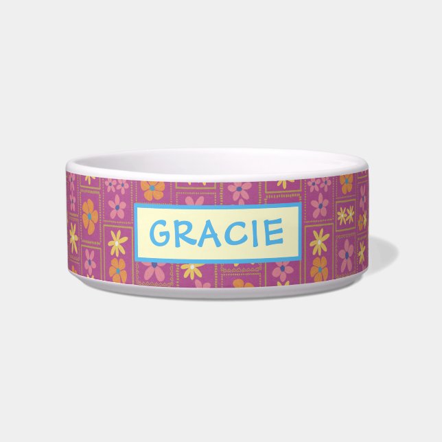 Retro Raspberry Patchwork Floral Custom Medium Dog Napf (Vorderseite)