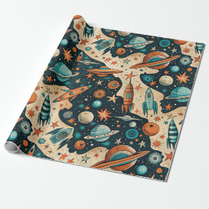 Retro-Raumrakete Planeten Orange Türkis Kinderzimm Geschenkpapier