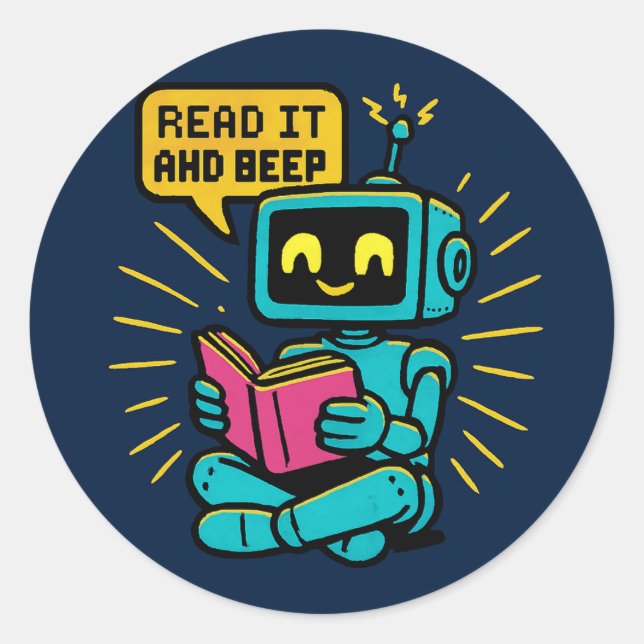 Retro Reading Robot Sticker - Pixel Art SciFi (Vorderseite)