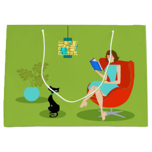 Retro Reading Woman Gift Bag Große Geschenktüte
