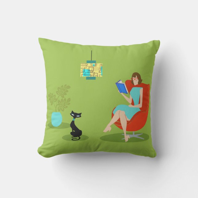Retro Reading Woman Outdoor Pillow Kissen Für Draußen (Vorderseite)