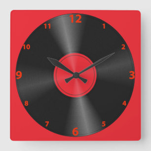 Retro, Record Album Red & Black Quadratische Wanduhr