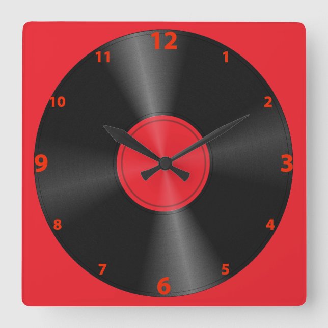Retro, Record Album Red & Black Quadratische Wanduhr (Vorderseite)