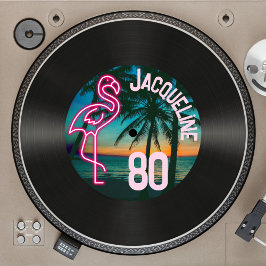 Retro Record Tropical Neon Flamingo 80. Geburtstag Einladung