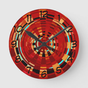 Retro Red Black Blue Yellow Brown Circular Pattern Runde Wanduhr