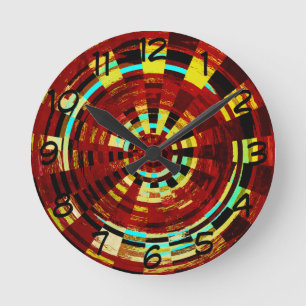 Retro Red Black Blue Yellow Brown Circular Pattern Runde Wanduhr
