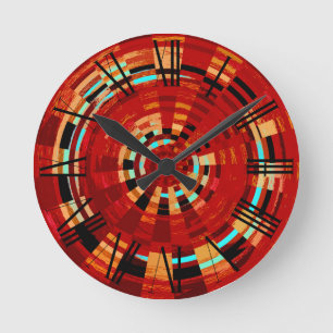 Retro Red Black Blue Yellow Brown Circular Pattern Runde Wanduhr