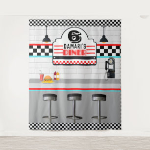 Retro Red Blue Checkerboard Diner Counter Hintergr Wandteppich
