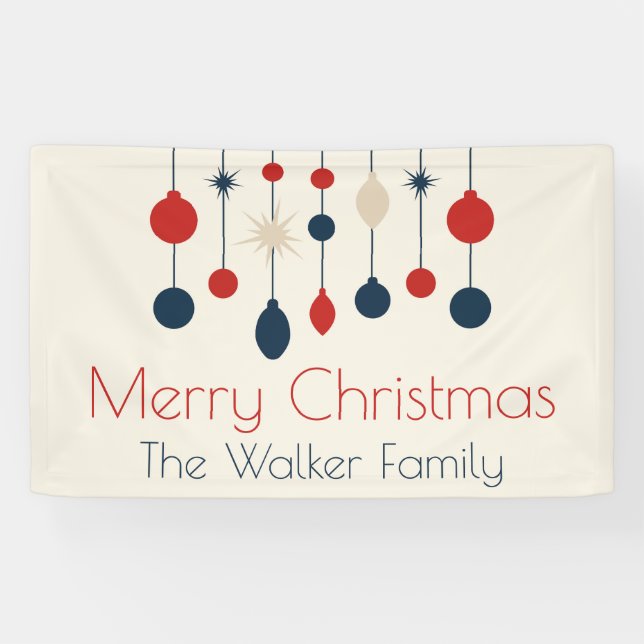 Retro Red Blue Ornaments Weihnachts-Party Banner (Horizontal)