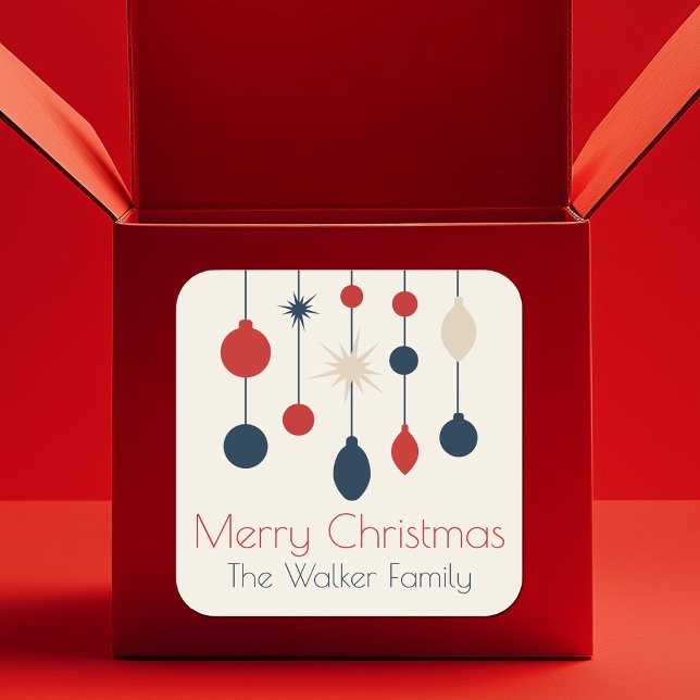 Retro Red Blue Ornaments Weihnachts-Party Quadratischer Aufkleber (Von Creator hochgeladen)