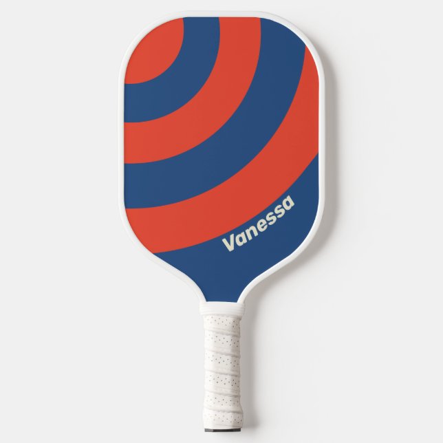 Retro Red & Blue Three Circle Streifen mit Name Pickleball Schläger (Vorderseite)